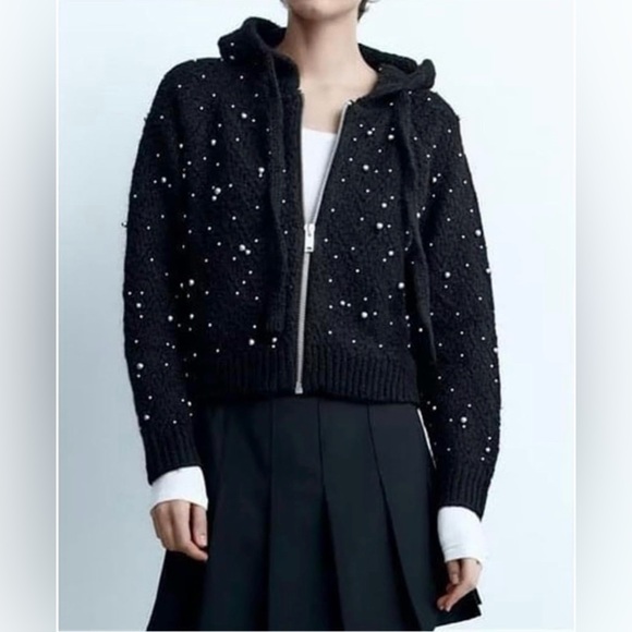 Sweaters - New Super Warm Wool Black Hooded Sweater with Pearl Accents size S